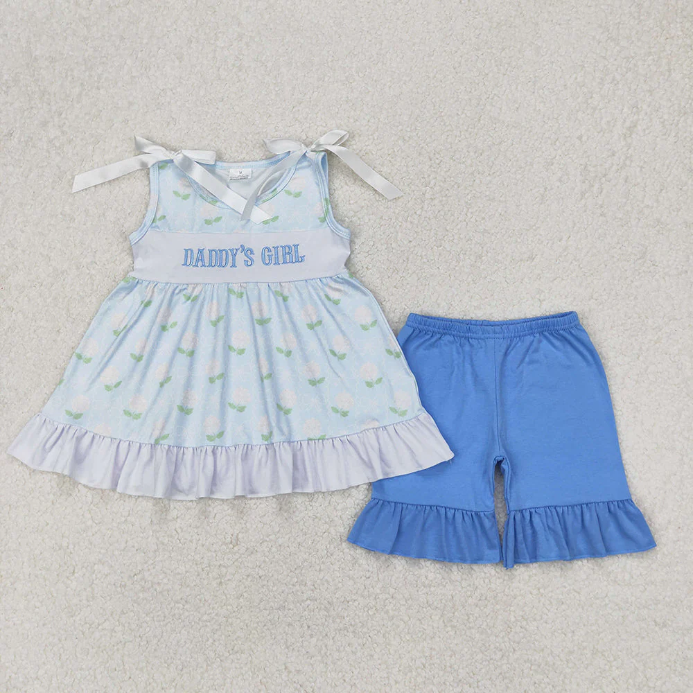 RTS NO MOQ Summer Sibling Baby Girls Boys Blue Embroidery DADDY'S BOY GIRL Top Plaid Shorts Sets