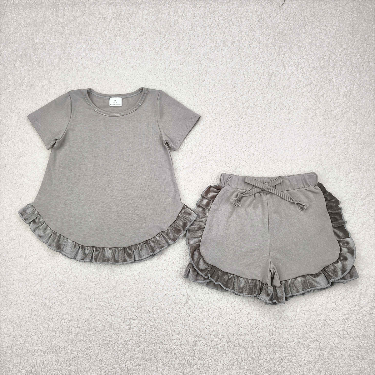 RTS NO MOQ Baby Girls Summer Sets GSSO2182 Grey Cotton Top Ruffle Shorts Clothes Sets