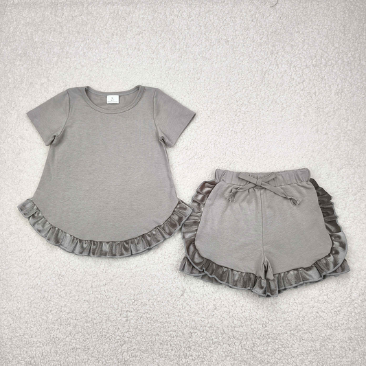 RTS NO MOQ Baby Girls Summer Sets GSSO2182 Grey Cotton Top Ruffle Shorts Clothes Sets