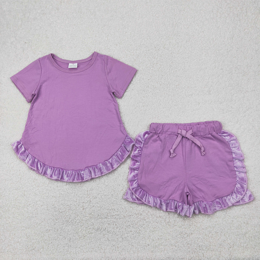 RTS NO MOQ Baby Girls Summer Sets GSSO2184 Lavender Cotton Top Ruffle Shorts Clothes Sets
