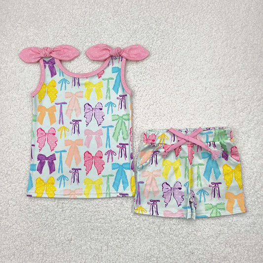 RTS NO MOQ Summer Sibling Baby Girls Sleeveless Colorful Bows Tops Shorts Outfits Sets