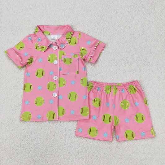7.7 RTS NO MOQ Summer Sibling Baby Girls Pink Sports Buttons Top Shorts Pajamas Outfits