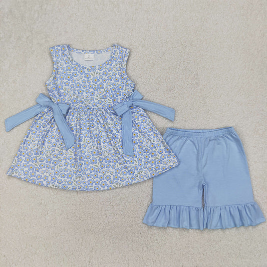 RTS NO MOQ Baby Girls Summer Sets GSSO2204 Blue Flowers Bows Tunic Top Ruffle Shorts Clothes Sets