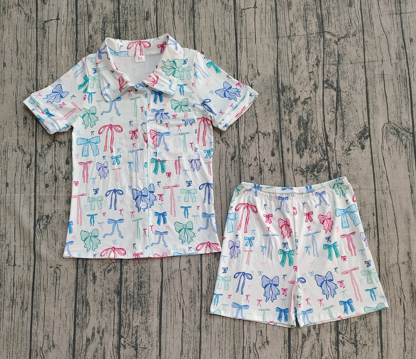 RTS Adult Women Short Sleeves Colorful Bows Buttons Shirt Shorts Pajamas Set