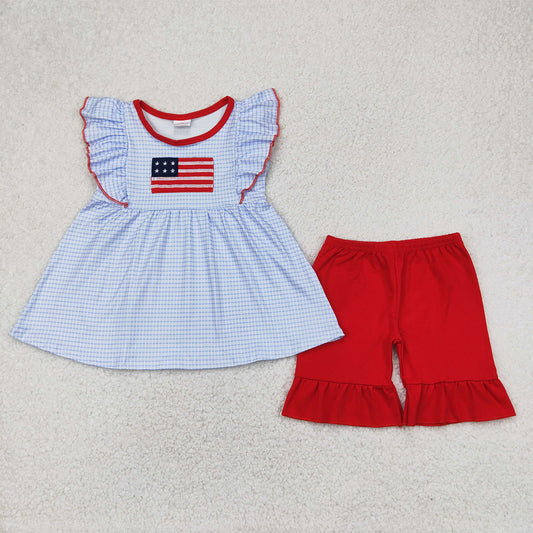 RTS NO MOQ Baby Girls Summer Sets GSSO2238 Embroidery Checkered Flag Tunic Top Ruffle Shorts Clothes Sets