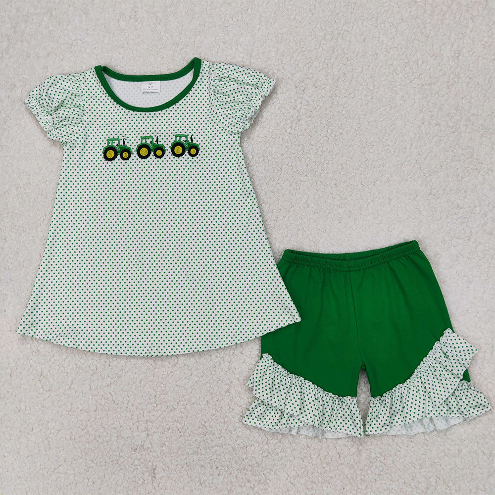 RTS NO MOQ Baby Girls Summer Sets GSSO2268 Green Farm Trucks Tunic Tops Ruffle Shorts Sets