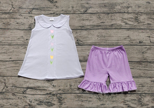4.2 GSSO2276 White sleeveless tulip top purple plaid shorts girls clothes pre order