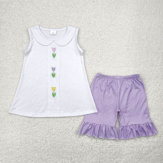 RTS NO MOQ Baby Girls Summer Sets GSSO2276 Embroidery White Tulips Tunic Tops Shorts Clothes Sets