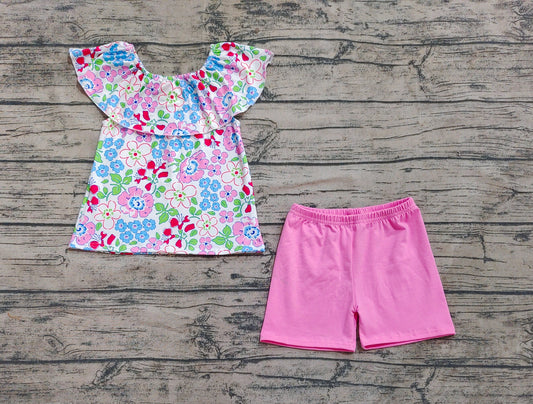 4.1 GSSO2277 Baby Girls Pink Flowers Ruffle Tunic Tops Shorts Clothes Sets pre order