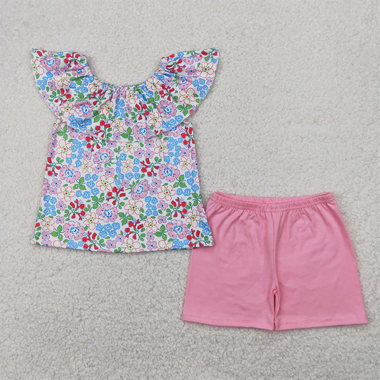 RTS NO MOQ Baby Girls Summer Sets GSSO2277 Pink Flowers Ruffle Tunic Tops Shorts Clothes Sets