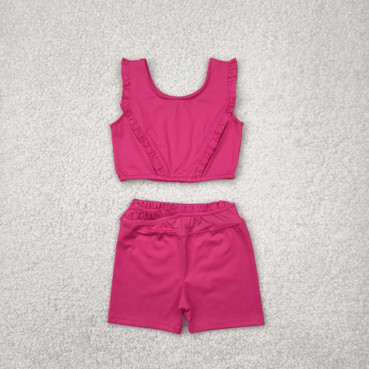 RTS NO MOQ Baby Girls Summer Kids Sets GSSO2284 Dark Pink Yoga Vest Shorts Active Wear Sets