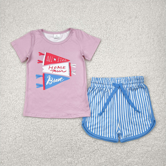 RTS NO MOQ Baby Girls Summer Sets GSSO2288 Flag Pink Short Sleeve Tee Tops Stripes Shorts Clothes Sets