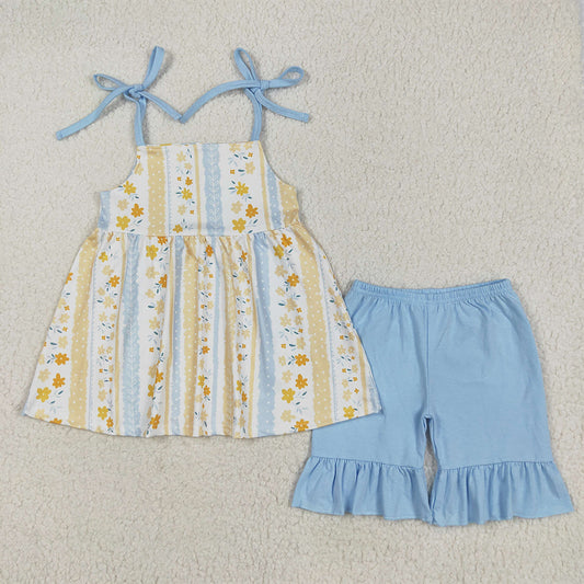 5.14 RTS NO MOQ Baby Girls Summer Sets GSSO2302 Blue Strap Yellow Floral Stripe Tunic Ruffle Shorts Sets
