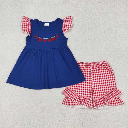 6.16 RTS NO MOQ Baby Girls Summer Sets GSSO2314 Embroidery Apple Back To School Tunic Ruffle Shorts Clothes