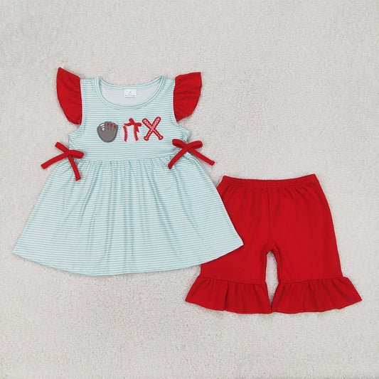 RTS NO MOQ Baby Girls Summer Sets GSSO2317 Embroidery Baseball Flutter Sleeve Tunic Ruffle Shorts Clothes Sets