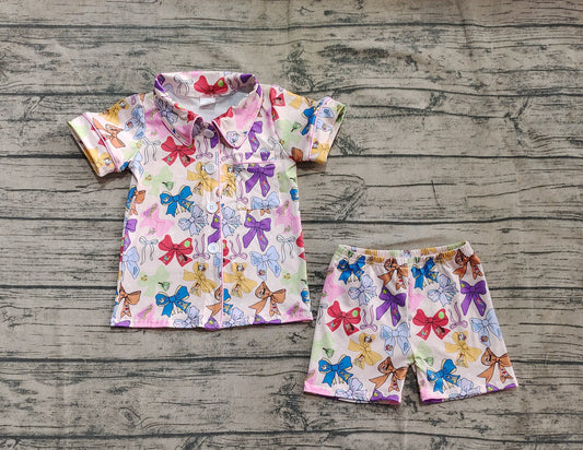 4.11  GSSO2321 Baby Girls Pink Cartoon Princess Bows Button Pocket Top Short Pajamas Set Pre order
