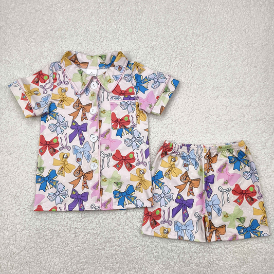 RTS NO MOQ Baby Girls Summer Sets GSSO2321 Pink Princess Bows Button Pocket Top Short Pajamas Set