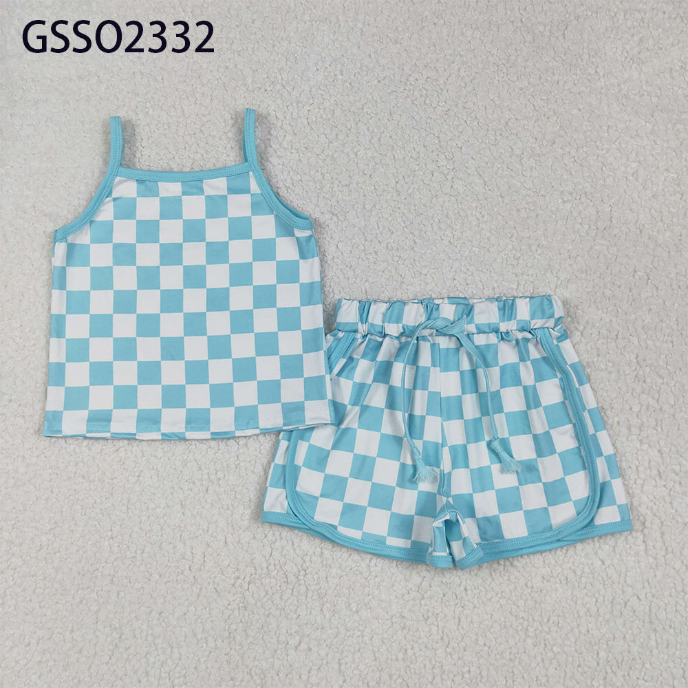 6.12 RTS NO MOQ Baby Girls Summer Sets GSSO2332 Blue Strap Plaid Top Short Sport Sets