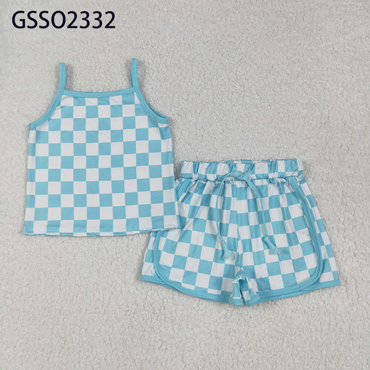 6.12 RTS NO MOQ Baby Girls Summer Sets GSSO2332 Blue Strap Plaid Top Short Sport Sets