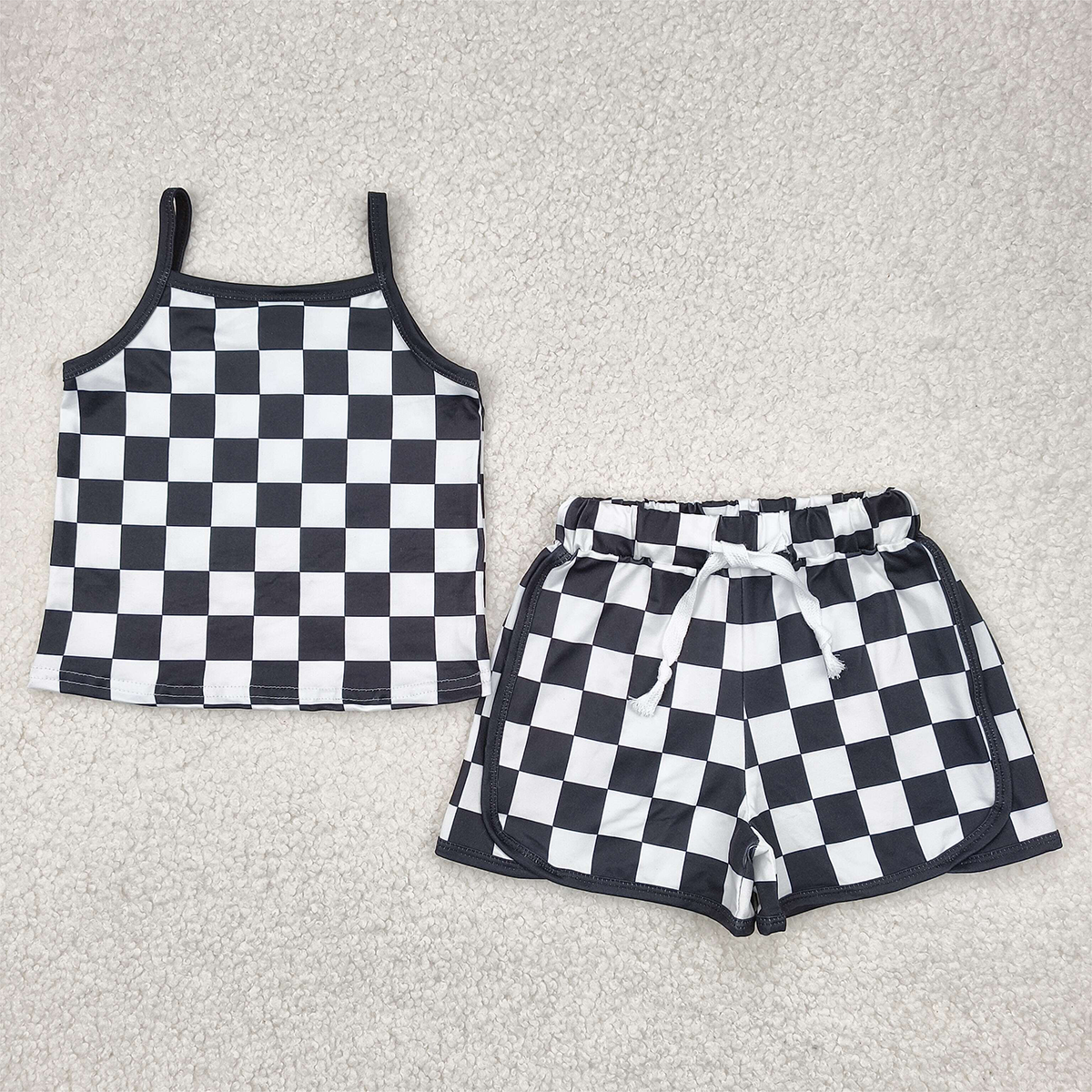 RTS NO MOQ Baby Girls Summer Sets GSSO2334 Black Strap Plaid Top Shorts Sports Sets