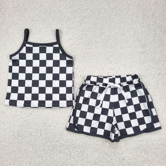 RTS NO MOQ Summer Sibling Baby Girls Strap Plaid Top Short Sports Sets