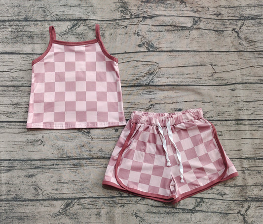 4.11  GSSO2335 Baby Girls Brown Strap Plaid Top Short Sport Set Pre order