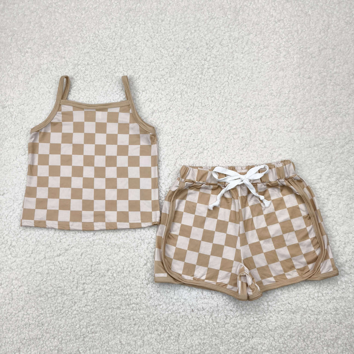 RTS NO MOQ Summer Sibling Baby Girls Strap Plaid Top Short Sports Sets