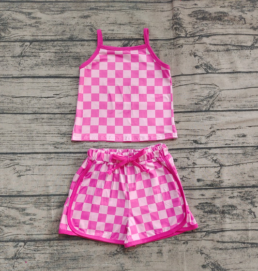 4.11  GSSO2336 Baby Girls Pink Strap Plaid Top Short Sport Set Pre order