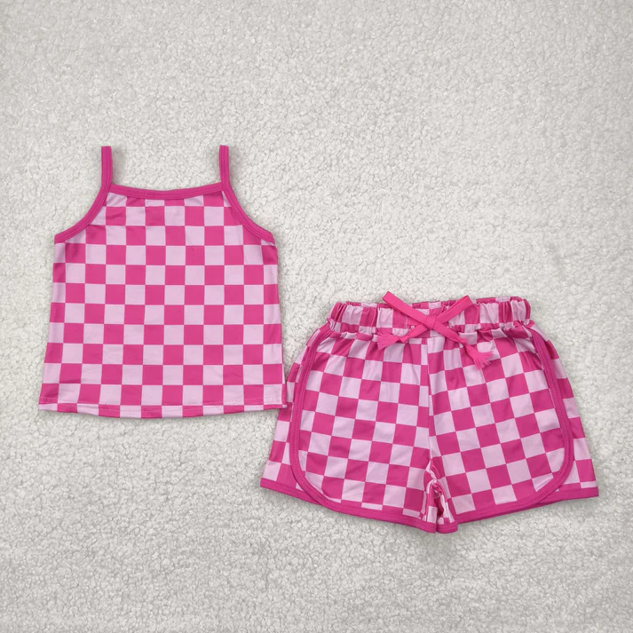 RTS NO MOQ Summer Sibling Baby Girls Strap Plaid Top Short Sports Sets