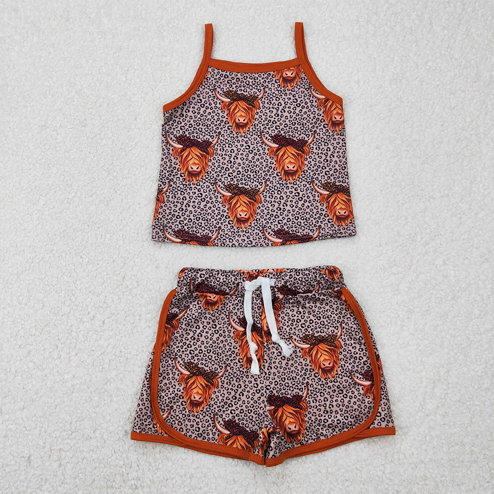 RTS NO MOQ Baby Girls Summer Sets GSSO2341 Brown Strap Leopard Highland Cows Top Shorts Sets
