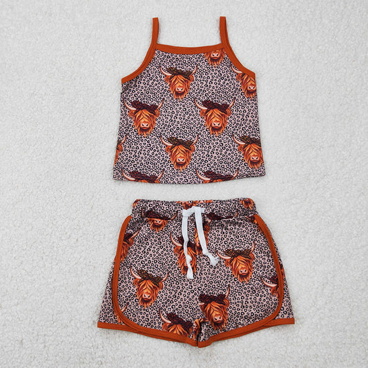 RTS NO MOQ Baby Girls Summer Sets GSSO2341 Brown Strap Leopard Highland Cows Top Shorts Sets