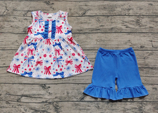 4.2 GSSO2346 Sleeveless blue red bow tunic shorts girls 4th of july outfits pre order