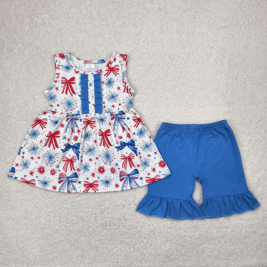 RTS NO MOQ Baby Girls Summer Sets GSSO2346 Blue Red Bows Fireworks Tunic Ruffle Shorts 4th Of July Sets