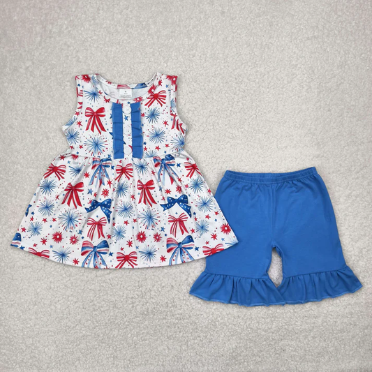 RTS NO MOQ Summer Sibling Baby Girls 4th Of July Sleeveless Bows Tunic Shorts Sets