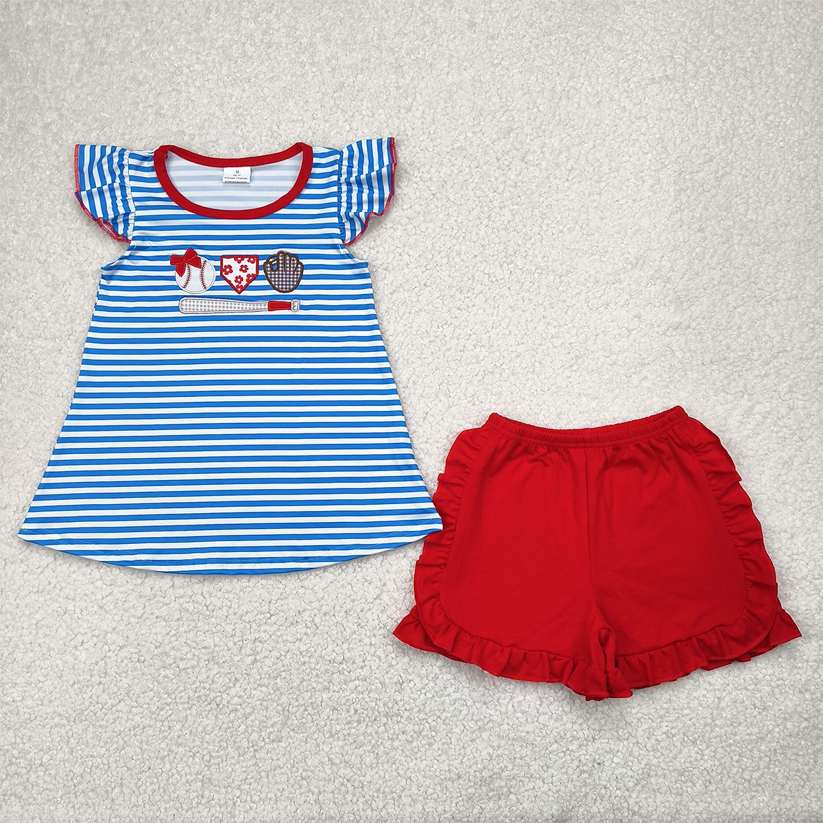 RTS NO MOQ Baby Girls Summer Sets GSSO2348 Embroidery Blue Stripe Flutter Sleeves Baseballs Tunic Red Ruffle Short Sets
