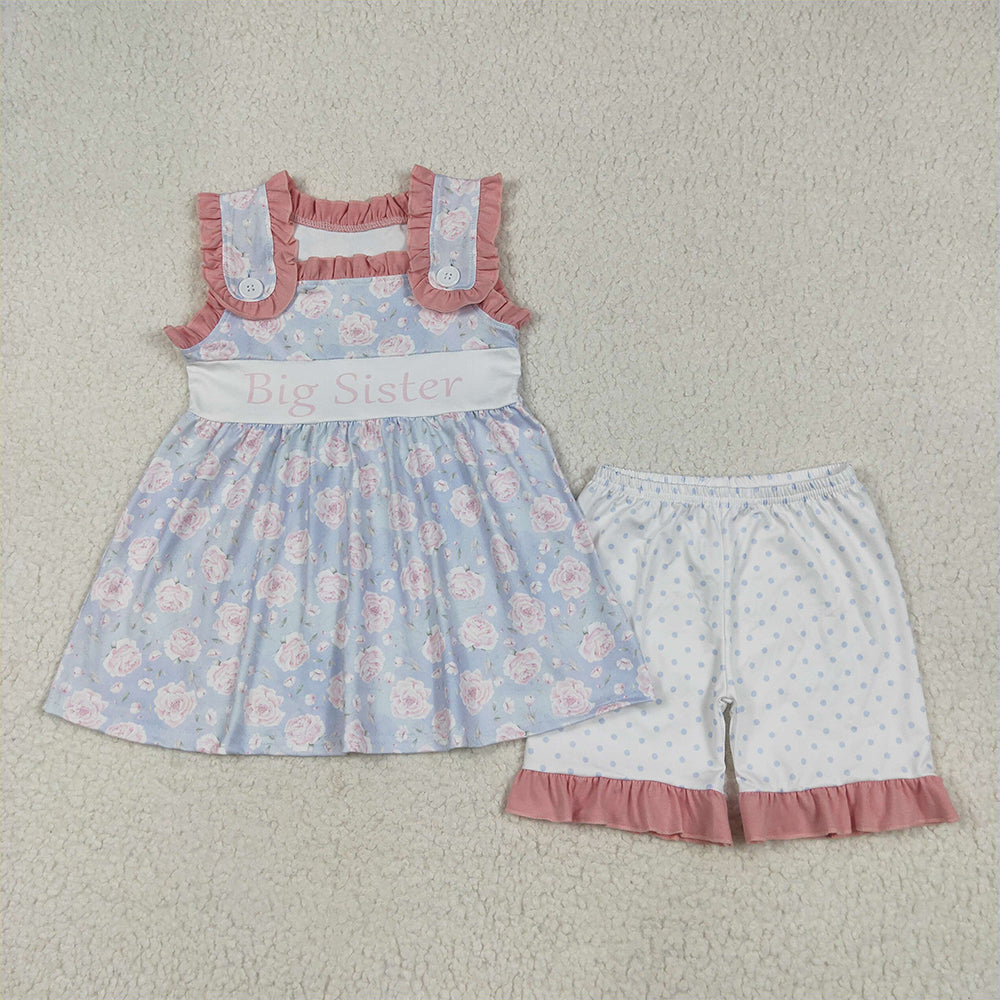 6.9 RTS NO MOQ Baby Girls Summer Sets GSSO2350 Sleeveless Pink Floral Big Sister Tunic Polka Dots Shorts Sets
