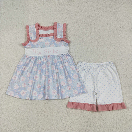 6.9 RTS NO MOQ Baby Girls Summer Sets GSSO2350 Sleeveless Pink Floral Big Sister Tunic Polka Dots Shorts Sets