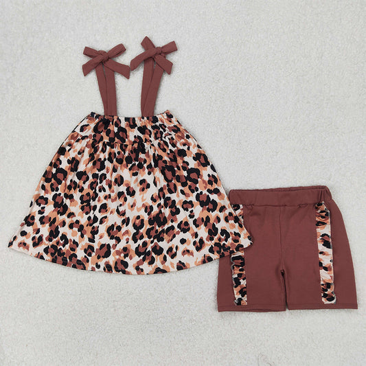 RTS NO MOQ Baby Girls Summer Sets GSSO2352 Brown Bows Strap Leopard Tunic Ruffle Shorts Sets