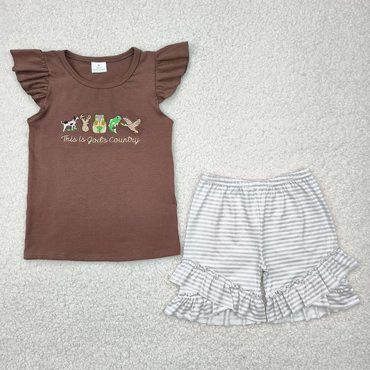 RTS NO MOQ Baby Girls Summer Sets GSSO2353 Embroidery Brown Gods Country Top Ruffle Stripe Shorts Sets