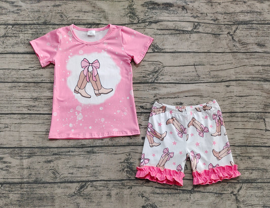 4.11  GSSO2354 Baby Girls Pink Short Sleeves Bow Boot Top Ruffle Short Set pre order