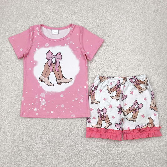 RTS NO MOQ Baby Girls Summer Sets GSSO2354 Pink Short Sleeves Bow Boot Top Ruffle Short Sets