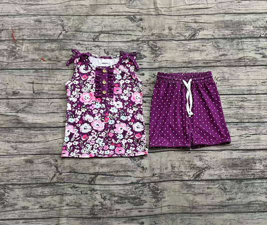 3.31 GSSO2358 Baby Girls Purple Sleeveless Floral Button Top Polka Dots Shorts Set pre order