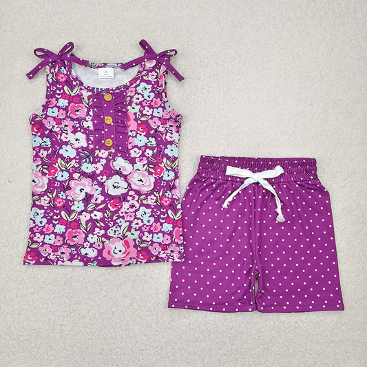 RTS NO MOQ Baby Girls Summer Sets GSSO2358 Purple Sleeveless Floral Button Top Polka Dots Shorts Sets