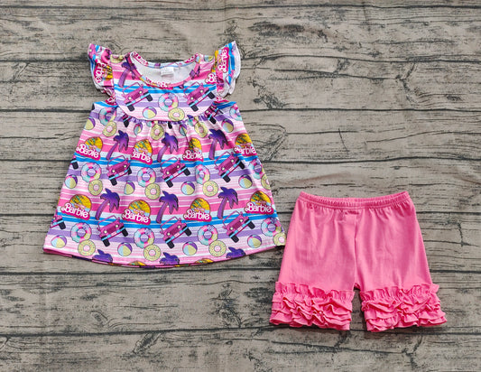 4.11  GSSO2362 Baby Girls Pink Stripe Flutter Sleeves Cars Dolls Tunic Ruffle Short Clothes Set Pre order