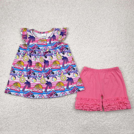 RTS NO MOQ Baby Girls Summer Sets GSSO2362 Pink Stripe Flutter Sleeves Cars Balls Tunic Ruffle Short Clothes Sets