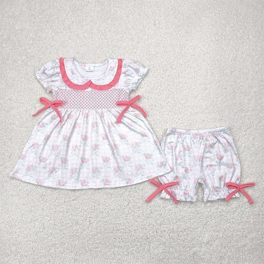 RTS NO MOQ Baby Girls Summer Sets GSSO2368 Pink Short Sleeves Floral Bows Tunic Ruffle Shorts Clothes Sets