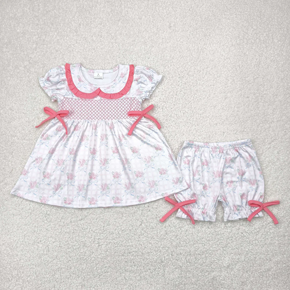 RTS NO MOQ Summer Sibling Baby Girls Embroidery Pink Bows Rompers Outfits Sets