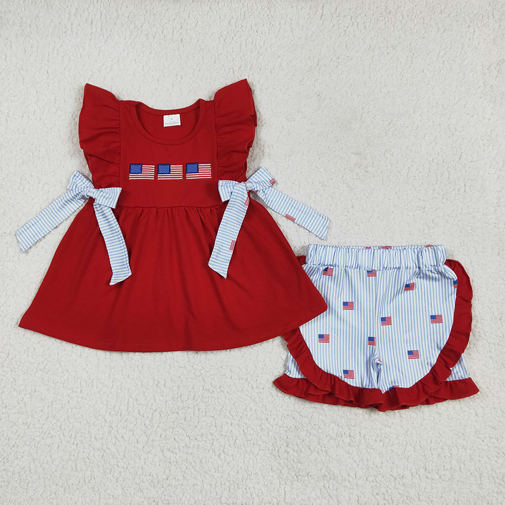 RTS NO MOQ Baby Girls Summer Sets GSSO2375 Embroidery Red Flags Bows Tunic Stripe Ruffle Short 4th Of July Sets