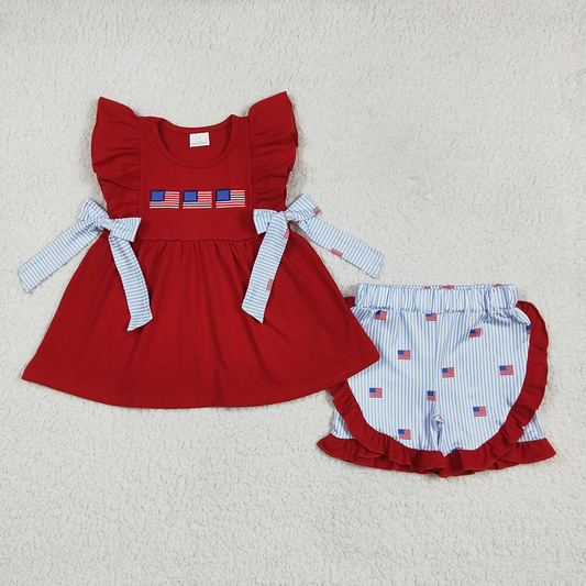 RTS NO MOQ Baby Girls Summer Sets GSSO2375 Embroidery Red Flags Bows Tunic Stripe Ruffle Short 4th Of July Sets