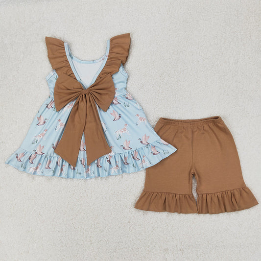 RTS NO MOQ Baby Girls Summer Sets GSSO2385 Sleeveless Dogs Ducks Tunic Khaki Ruffle Shorts Set